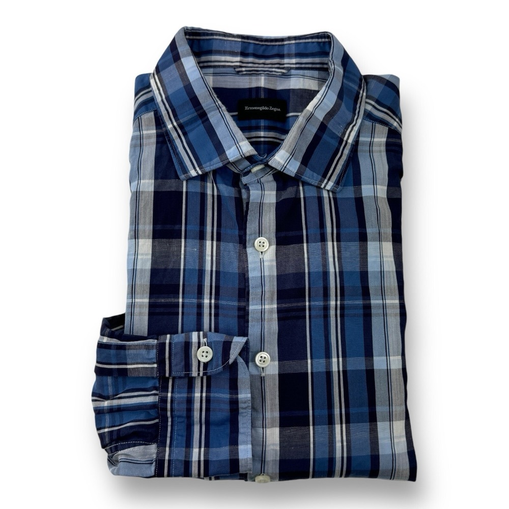 Ermenegildo Zegna Cotton Linen Blue & White Plaid Long Sleeve Button-Up Shirt XL